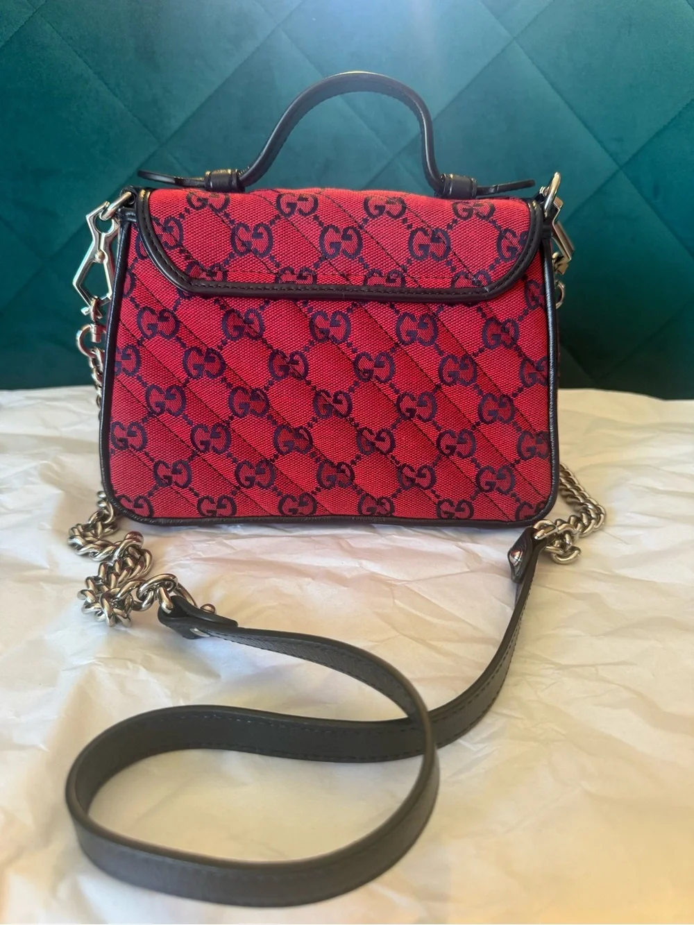Gucci Red GG Marmont Top Handle Satchel with Black Trim